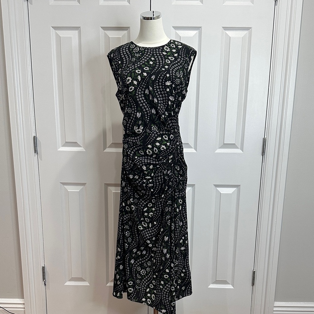 NWOT Veronica Beard Viviana Ruched Stretch-Silk Black Multi Floral Dress Size 10